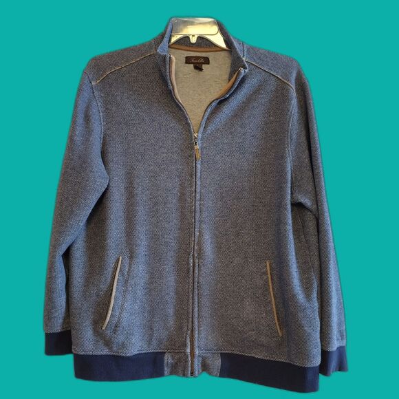 Tasso Elba Men's Blue Cotton Herringbone Zip Up Jacket Men's L Lightweight Soft - Picture 1 of 6